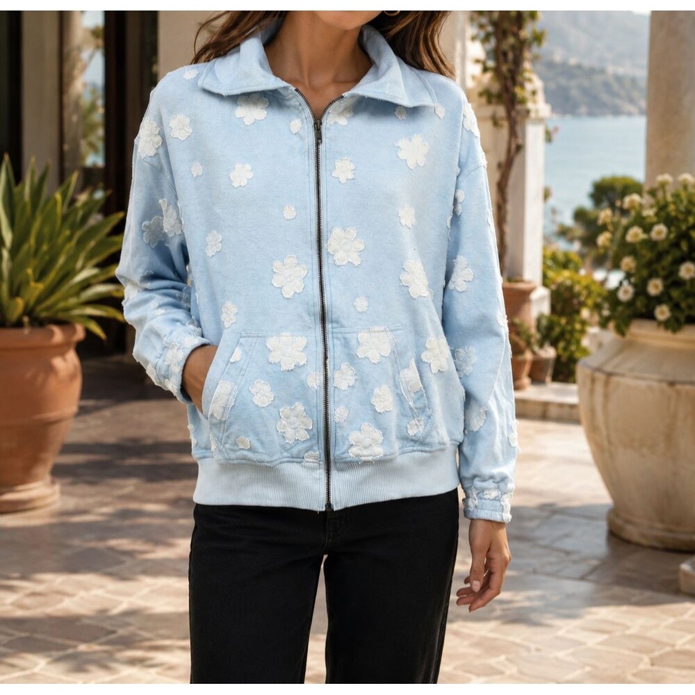 Free People Collared Jacket Top Zip-UP Floral Patchwork Long Sleeves S 290187